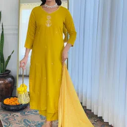 KALINI Women Ethnic Motifs Embroidered Regular Thread Work Kurta with Trousers & With Dupatta image 5