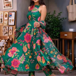 KALINI Women Green Rayon Blend Printed Anarkali Kurta Suit With Dupatta image 4