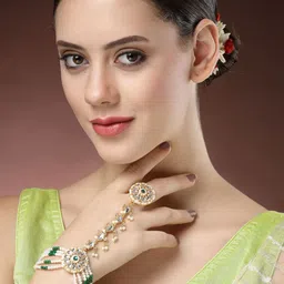 Anouk Women Brass Kundan Handcrafted Gold-Plated Ring Bracelet image 3