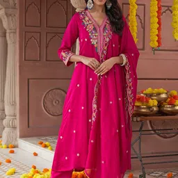 KALINI Women Ethnic Motifs Embroidered Regular Thread Work Kurta with Trousers & With Dupatta-picture-29