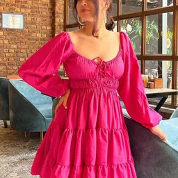 VANGULL Puff Sleeves Cotton Fit & Flare Dress image 2