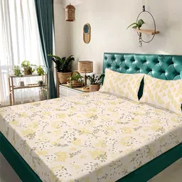 Aura Yellow & White Floral Printed 300 TC Fitted King Bedsheet Set 2.5 x 2.25 m-picture-39