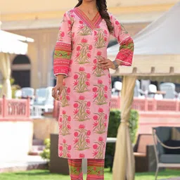 AUTUMN LANE Pavitra Candy Floral Printed V-Neck Pure Cotton Kurta With Trousers image 3