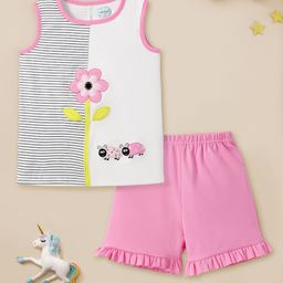 Nauti Nati Girls Floral Printed Sleeveless Pure Cotton T-shirt with Shorts-picture-35