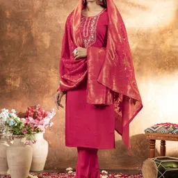 Peach Petals Women Ethnic Motifs Embroidered Regular Kurta with Trousers & Dupatta image 4