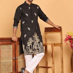 Jompers Ethnic Motifs Embroidered Mandarin Collar Thread Work Straight Kurta With Pyjama-picture-17