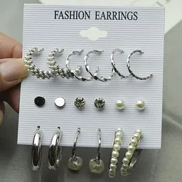 Zaphariq Set Of 9 Silver-Plated Pearls Beaded Circular Shaped Half Hoop Earrings image 4