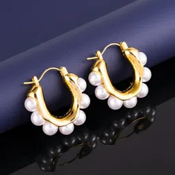 COOLWOOL Gold Plated Pearls Studded Circular Shaped Korean Hoop Earrings-picture-17