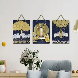 ArtVibes Navy Blue 3 Pieces Divine Pichwai Symphony Printed Wooden Hanging Wall Arts-picture-24