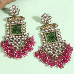 VATSALYA creation Gold-Plated Artificial Stone Studded & Beaded Drop Earrings image 2