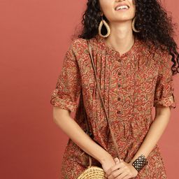 Taavi Women Rust Orange Kalamkari Hand Block Printed Pleated A-line Pure Cotton Top-picture-28