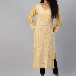 ADA Women Mustard Yellow & White Hand Embroidered Chikankari Handloom Kurta With Matching Slip-picture-6
