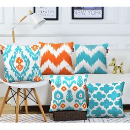 AEROHAVEN Turquoise Blue & Orange 5 Pieces Geometric Square Cushion Covers-picture-2