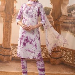 Vishudh Purple Printed Thread Work Pure Cotton Straight Kurta With Trousers & Dupatta-picture-2
