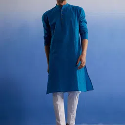 SHVAAS by VASTRAMAY Band Collar Long Sleeves Pure Cotton Kurta with Trousers-image-52