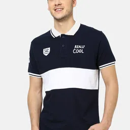 YAK YAK Men Navy Blue & White Colourblocked Polo Collar Slim Fit T-shirt-image-65