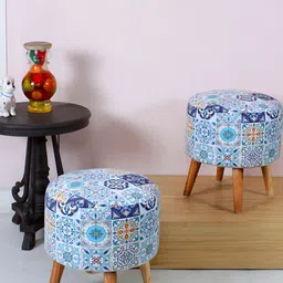 Shadowkart Blue Ethnic Motifs Printed Velvet Pouffe Sitting Ottoman-picture-23