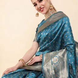 Sangria Teal & Gold-Toned Jaquard Woven Design Zari Silk Blend Banarasi Saree-picture-31