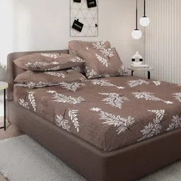 KLOTTHE Brown & White Floral Printed 300 TC Fitted Double King Bedsheet & 4 Pillow Cover-picture-14