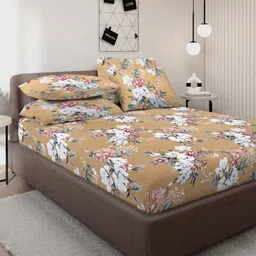 KLOTTHE Brown & White Floral Printed 300 TC Fitted Double King Bedsheet & 4 Pillow Cover-image-46