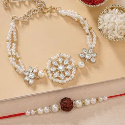 KARATCART Set of 2 Gold-Plated Red & White  Kundan-Studs & Beaded Bhaiya Bhabhi Rakhi With Roli & Chawal-picture-20