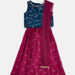 AKKRITI BY PANTALOONS Girls Teal & Maroon Ready to Wear Lehenga & Blouse With Dupatta-image-33