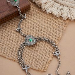 TEEJH Vishruti Turquoise Hathphool Oxidised Silver-Plated Ring Bracelet-picture-1