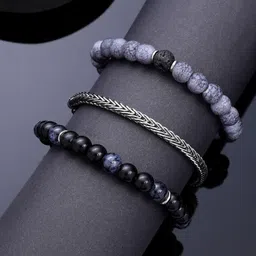 AQUATAN Men Set of 3 Rhodium-Plated Chain Glass Beaded Elasticated Bracelets-picture-47