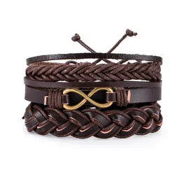 OOMPH Men Brown Set Of 3 Leather Multistrand Bracelet-picture-14