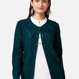 RANGMANCH BY PANTALOONS Women Teal & White Acrylic Cardigan-picture-22