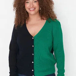 Trendyol Colourblocked V-Neck Acrylic Cardigan Sweater-picture-36