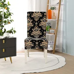 HOUSE OF QUIRK Black & Beige 2 Pieces Printed Removable Dining Chair Covers-image-87