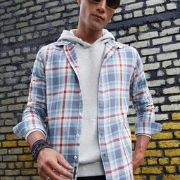 Campus Sutra Blue Classic Tartan Checked Spread Collar Cotton Casual Shirt-picture-38