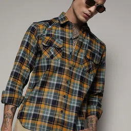 Campus Sutra Mustard Yellow, Navy Blue & Green Classic Tartan Checked Cotton Casual Shirt-image-45