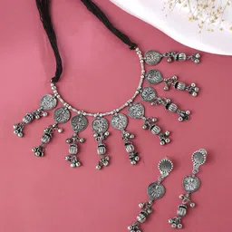 Yellow Chimes Silver Oxidised Floral & Leaf Shape Fattering Adjustable Choker Necklace Set-picture-18