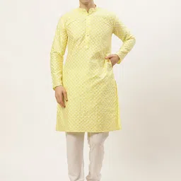 Jompers Men Yellow & White Embroidered Dupion Silk Kurta with Churidar-picture-12