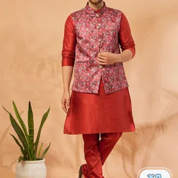 Armaan Ethnic Mandarin Collar Dupion Silk Kurta With Churidar & Nehru jacket-image-87