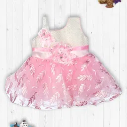MeeMee Infant Girls Pink & White Floral Print Embellished Pure Cotton Fit and Flare Dress-picture-21