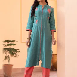 WOMEN PLUS Floral Embroidered Reglar Thread Work Pure Cotton Straight Kurta With Trousers-picture-26