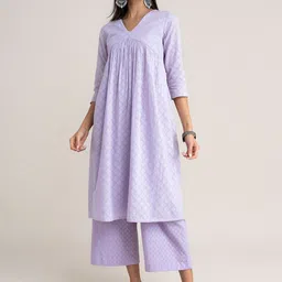 Pink Fort Women Lavender Printed Pleated Pure Cotton Kurti with Palazzos-picture-34