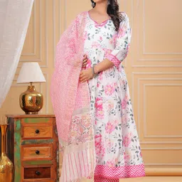 KALINI Women Floral Yoke Design Regular Beads and Stones Pure Cotton Kurta with Trousers & With Dupatta-image-32