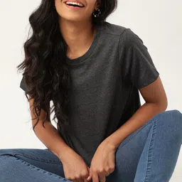 DressBerry Women Charcoal Grey Boxy Fit Solid Round Neck Pure Cotton T-shirt-image-98