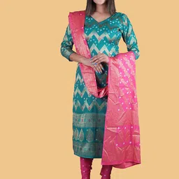 Divine International Trading Co Women Turquoise Blue & Pink Pure Cotton Unstitched Dress Material-picture-28