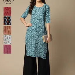 7Threads Women Blue & Pink Pack Of 6 Geometric Printed Block Print Crepe Kurta-picture-22