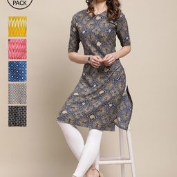 7Threads Women Pack Of 6 Geometric Printed Crepe Kurta-picture-36