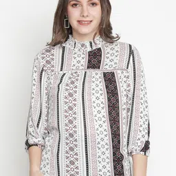 Oxolloxo White Print Tie-Up Neck Crepe Top image 1