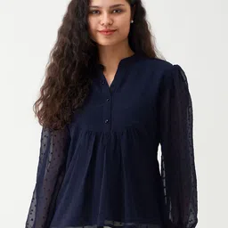 AASK Self Design Mandarin Collar Gathered Detailed A-Line Top-picture-22