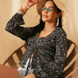 QUIERO Green Floral Printed V Neck Crepe Top image 1