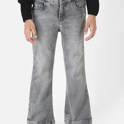 Crimsoune Club Girls Grey Classic Flared Low Distress Heavy Fade Jeans-image-3