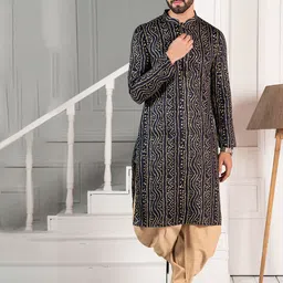 KISAH Men Navy Blue And Black Bandhani Printed Kurta with Dhoti Pants-image-54
